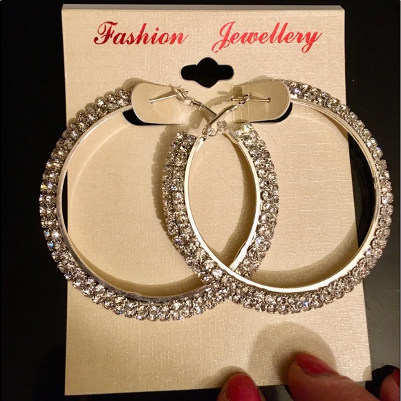 Three row rhinestone hoop earrings. - Picture 2 of 5